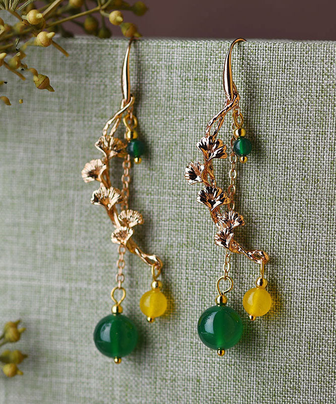 Chic Green Agate The flowering Branches Shake To Give Notice 14K Gold Drop Earrings