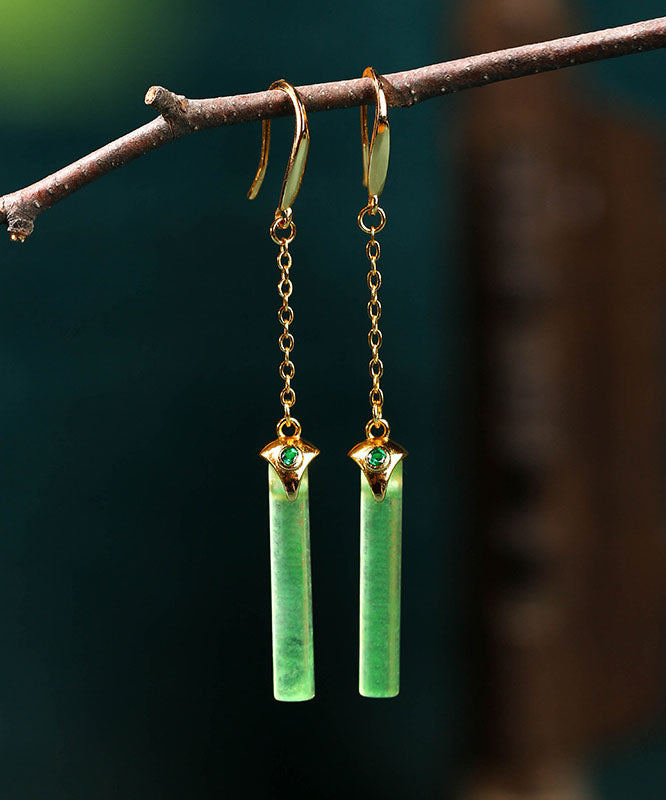 Chic Green Ancient Gold Jade Rectangle Drop Earrings