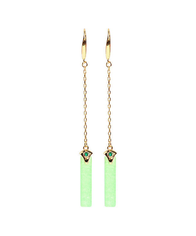 Chic Green Ancient Gold Jade Rectangle Drop Earrings