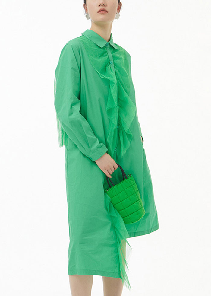 Chic Green Asymmetrical Tulle Patchwork Ruffles Cotton Shirt Dress Spring