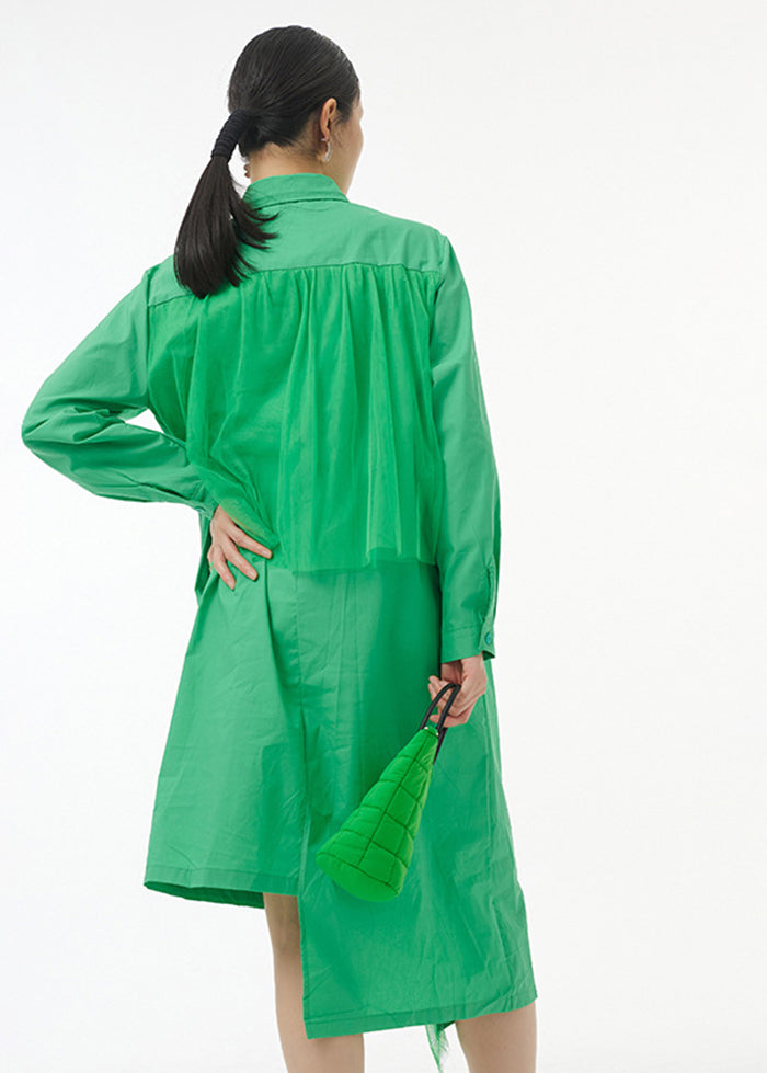 Chic Green Asymmetrical Tulle Patchwork Ruffles Cotton Shirt Dress Spring