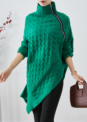Chic Green Asymmetrical Zippered Knit Short Sweater Fall