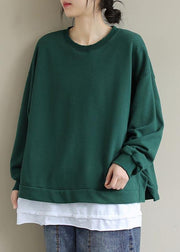 Chic Green Clothes For Women O Neck False Two Pieces Loose Spring Shirt - SooLinen