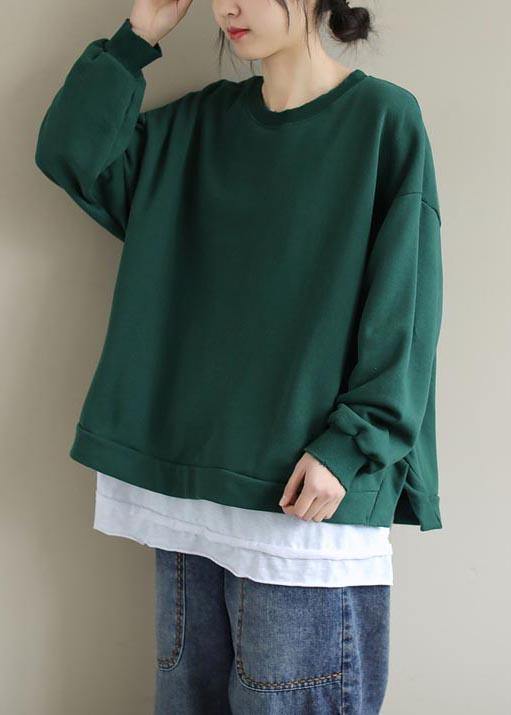 Chic Green Clothes For Women O Neck False Two Pieces Loose Spring Shirt - SooLinen