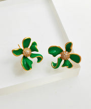 Chic Green Copper Gem Oil Drip Asymmetrical Floral Stud Earrings