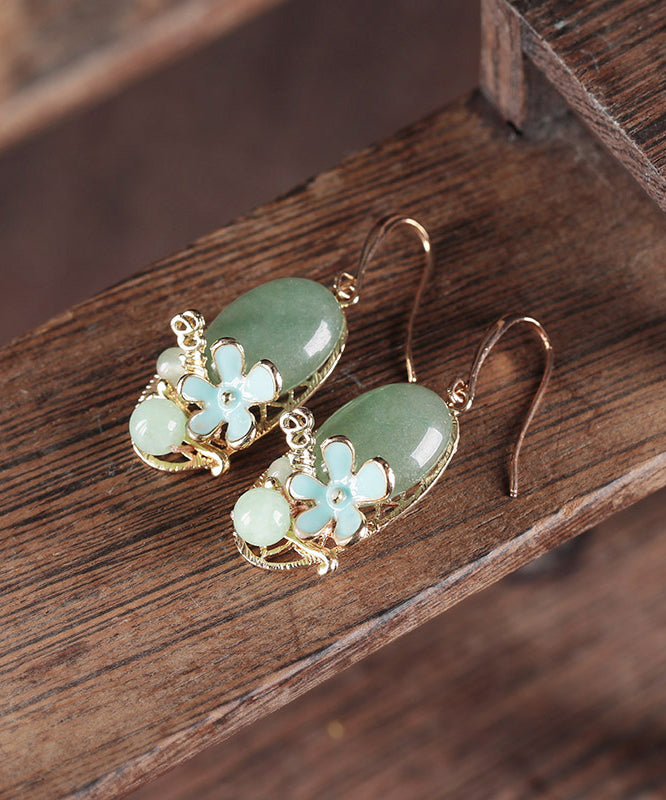 Chic Green Copper Pearl Jade Cloisonne Drop Earrings