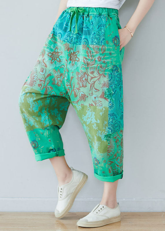 Chic Green Elastic Waist Oversized Print Cotton Harem Pants Spring