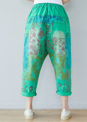Chic Green Elastic Waist Oversized Print Cotton Harem Pants Spring