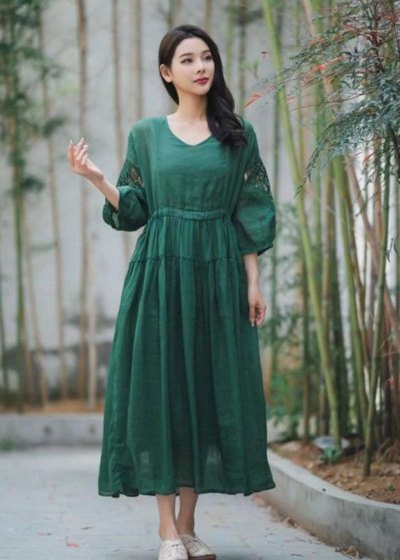 Chic Green Embroidered Hollow Out Patchwork Linen Dresses Summer