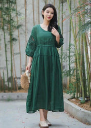 Chic Green Embroidered Hollow Out Patchwork Linen Dresses Summer