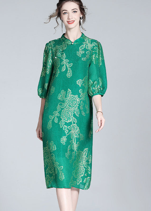 Chic Green Embroidered Patchwork Chinese Button Silk Dresses Summer