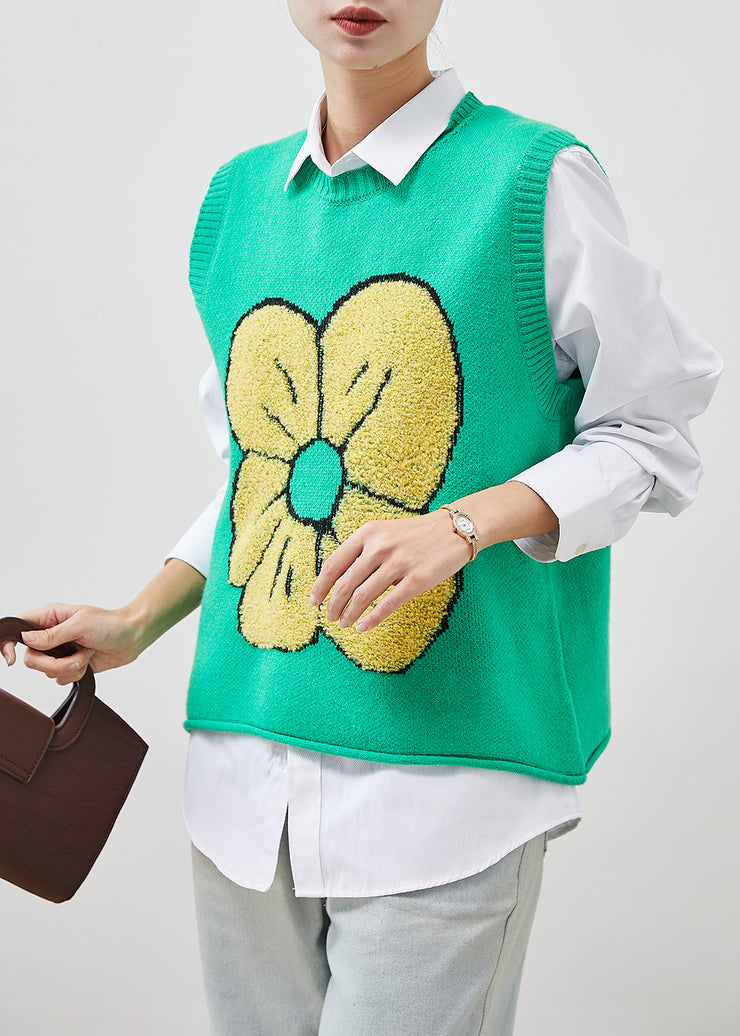 Chic Green Floral Jacquard Knit Vest Tops Spring