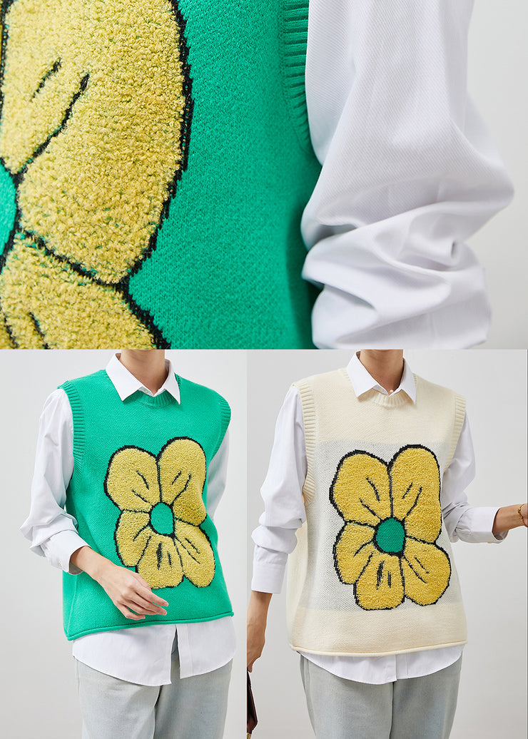 Chic Green Floral Jacquard Knit Vest Tops Spring