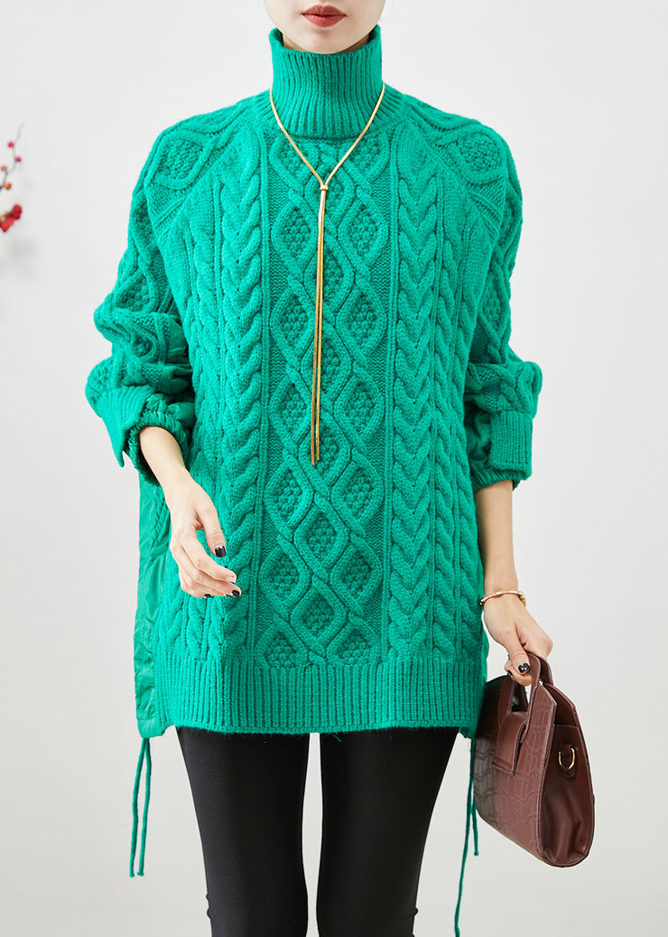 Chic Green High Neck Thick Patchwork Knit Sweaters Winter
