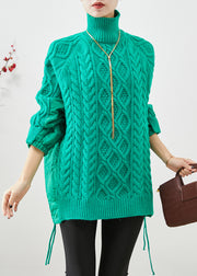 Chic Green High Neck Thick Patchwork Knit Sweaters Winter