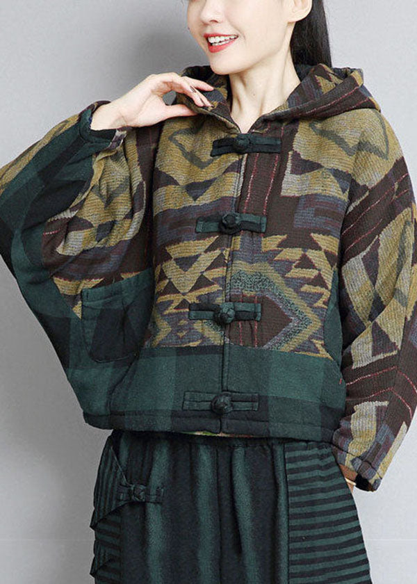 Chic Green Hooded Patchwork Oriental Button Fine Cotton Filled Jackets Winter