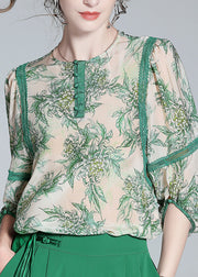 Chic Green Lace Patchwork Button Silk Top Spring