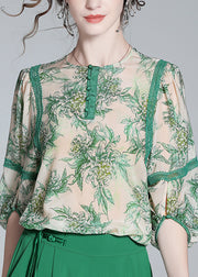 Chic Green Lace Patchwork Button Silk Top Spring