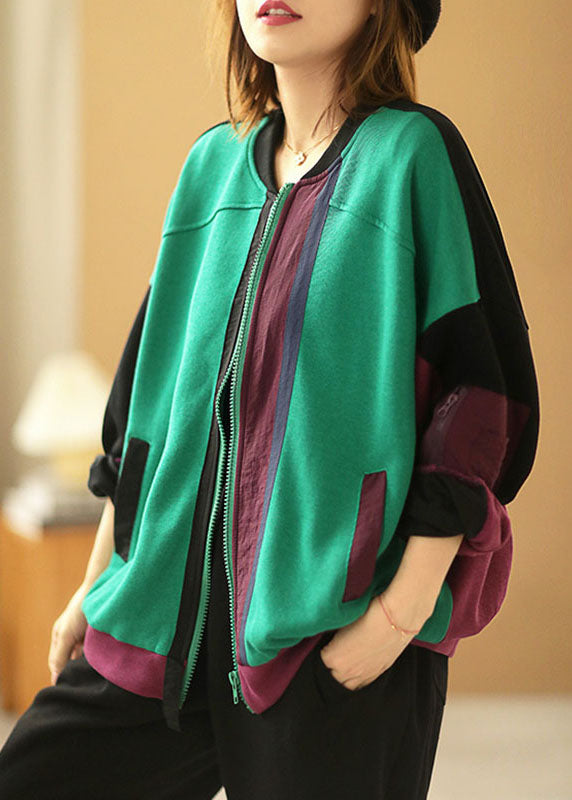 Chic Green Loose Pockets Patchwork Fall Long sleeve Coat