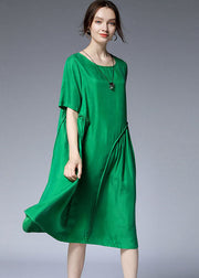 Chic Green O-Neck Asymmetrical Silk Holiday Dresses Short Sleeve
