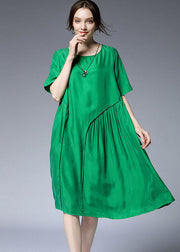 Chic Green O-Neck Asymmetrical Silk Holiday Dresses Short Sleeve