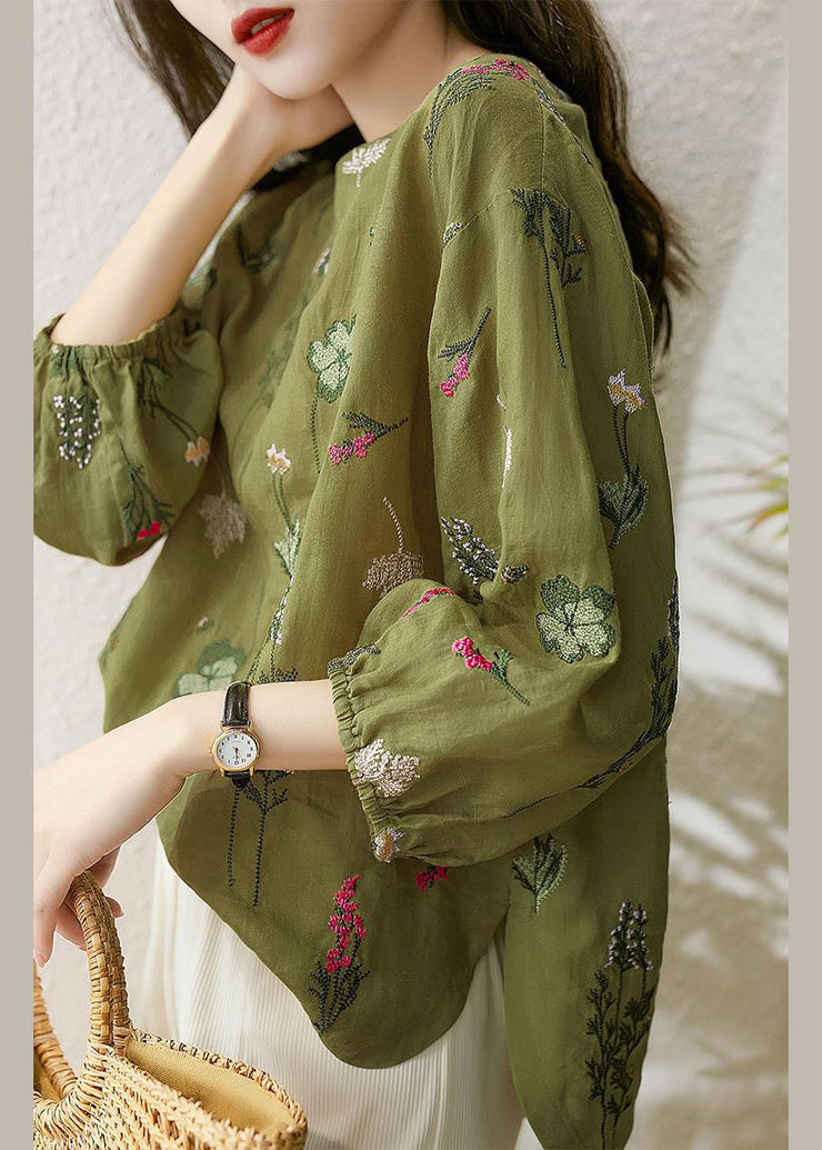 Chic Green O-Neck Embroidered Patchwork Cotton Tops Summer