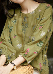 Chic Green O-Neck Embroidered Patchwork Cotton Tops Summer