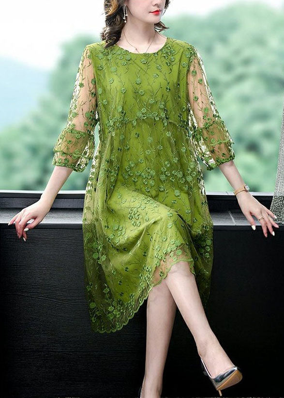 Chic Green O Neck Embroidered Patchwork Tulle Mid Dress Summer
