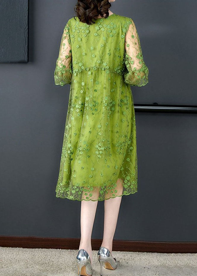 Chic Green O Neck Embroidered Patchwork Tulle Mid Dress Summer