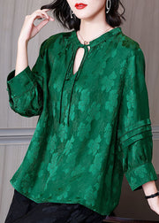 Chic Green O-Neck Lace Up Wrinkled Jacquard Silk Blouses Long Sleeve