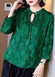 Chic Green O-Neck Lace Up Wrinkled Jacquard Silk Blouses Long Sleeve