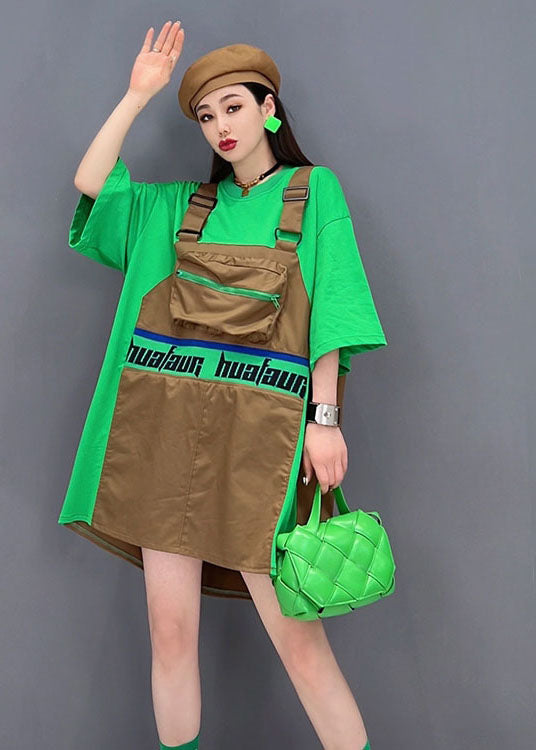 Chic Green O-Neck Patchwork Cotton Fake Two Piece Strap Dress Short Sleeve