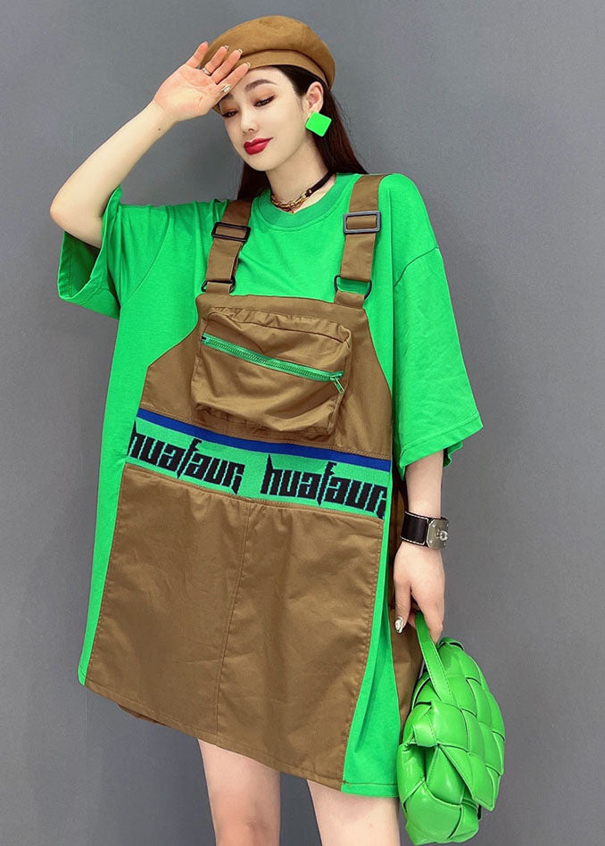 Chic Green O-Neck Patchwork Cotton Fake Two Piece Strap Dress Short Sleeve