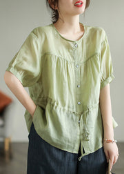 Chic Green O-Neck Patchwork Wrinkled Tie Waist Solid Ramie Shirt Short Sleeve