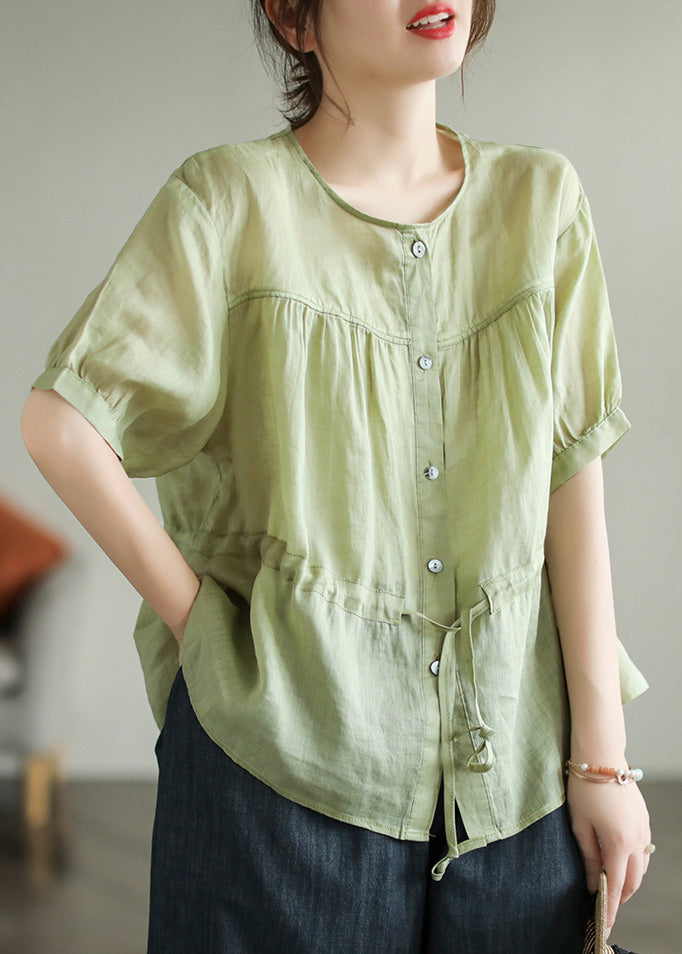Chic Green O-Neck Patchwork Wrinkled Tie Waist Solid Ramie Shirt Short Sleeve