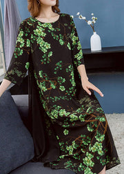Chic Green O Neck Print Patchwork Chiffon Dresses Summer