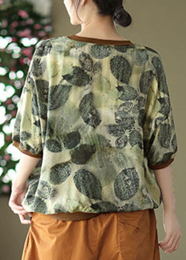 Chic Green O-Neck Print Patchwork Linen Top Half Sleeve
