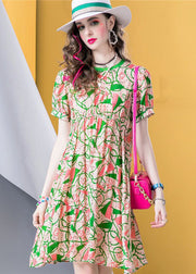 Chic Green O Neck Print Patchwork Silk A Line Dresses Summer