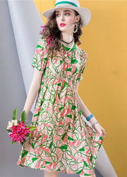 Chic Green O Neck Print Patchwork Silk A Line Dresses Summer