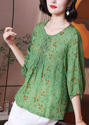 Chic Green O Neck Print Wrinkled Patchwork Linen T Shirt Tops Summer