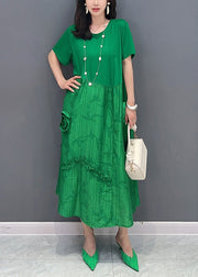 Chic Green O Neck Ruffled Patchwork Cotton Dresses Summer