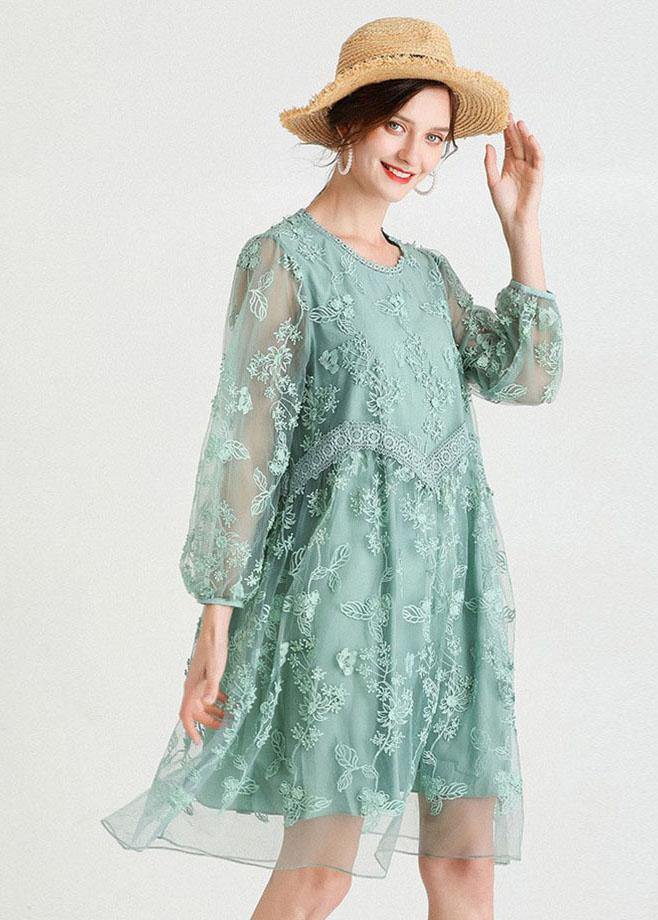 Chic Green O-Neck Tulle A Line Fall Lace Long Sleeve Mid Dress - SooLinen