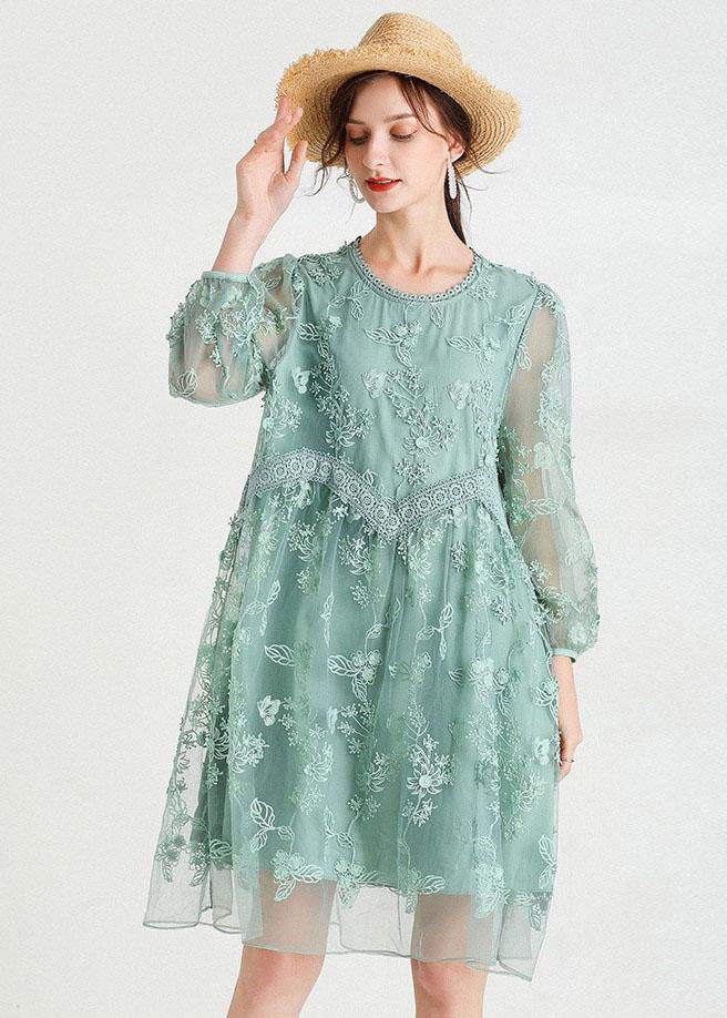 Chic Green O-Neck Tulle A Line Fall Lace Long Sleeve Mid Dress - SooLinen