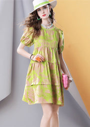 Chic Green O Neck Wrinkled Patchwork Print Silk Dress Summer