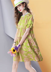 Chic Green O Neck Wrinkled Patchwork Print Silk Dress Summer
