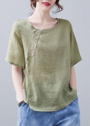 Chic Green O-Neck embroidery Shirt Short Sleeve