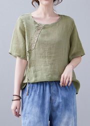 Chic Green O-Neck embroidery Shirt Short Sleeve