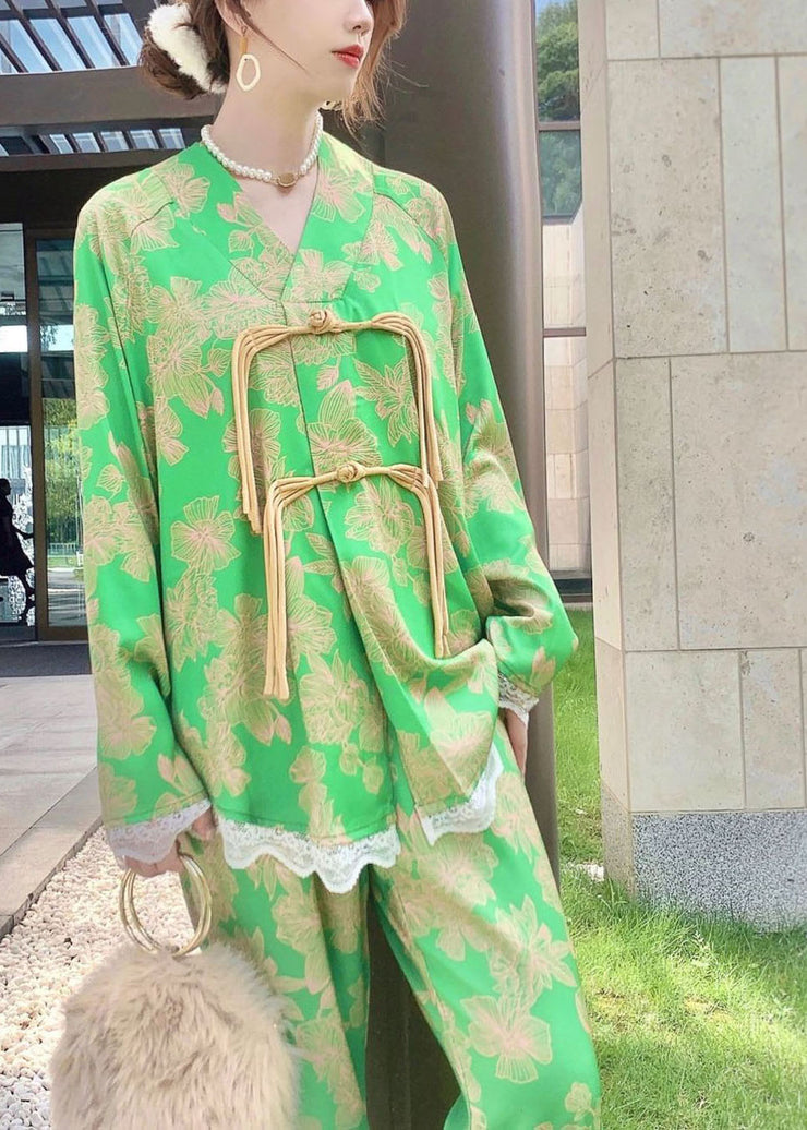 Chic Green Oriental Button Lace Patchwork Ice Silk Pajamas Two Pieces Set Spring