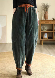 Chic Green Oversized Pockets Warm Fleece Corduroy Harem Pants Winter