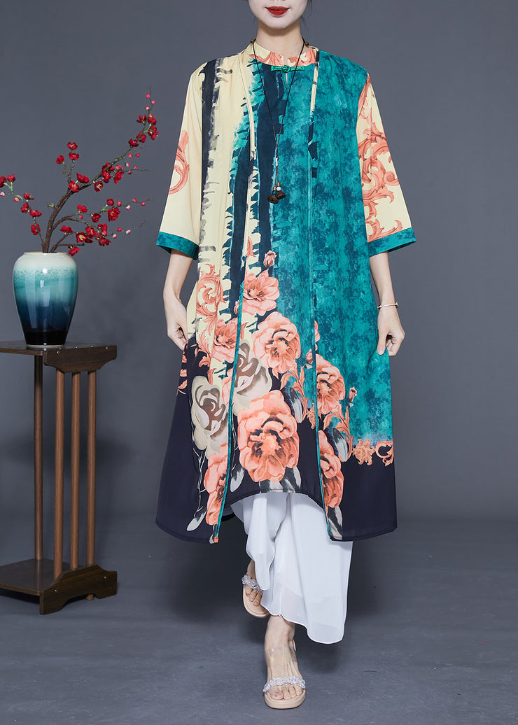 Chic Green Oversized Print Chinese Style Silk Women Sets 2 Pieces Spring